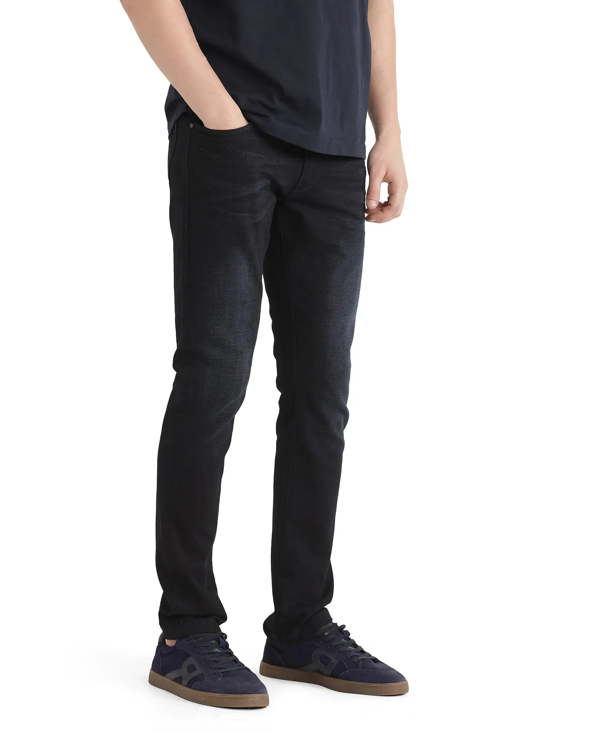 Rare Rabbit Men Victo Navy Cotton Polyester Fabric Mid Rise Slim Fit Dark Wash Plain Denim Trousers