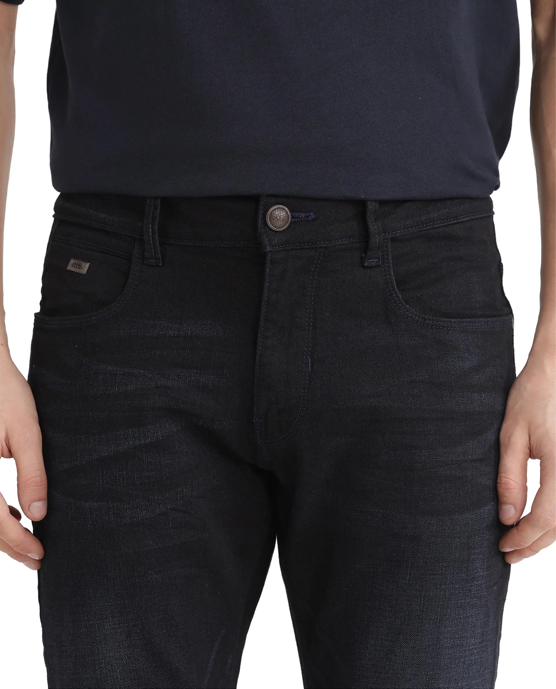 Rare Rabbit Men Victo Navy Cotton Polyester Fabric Mid Rise Slim Fit Dark Wash Plain Denim Trousers