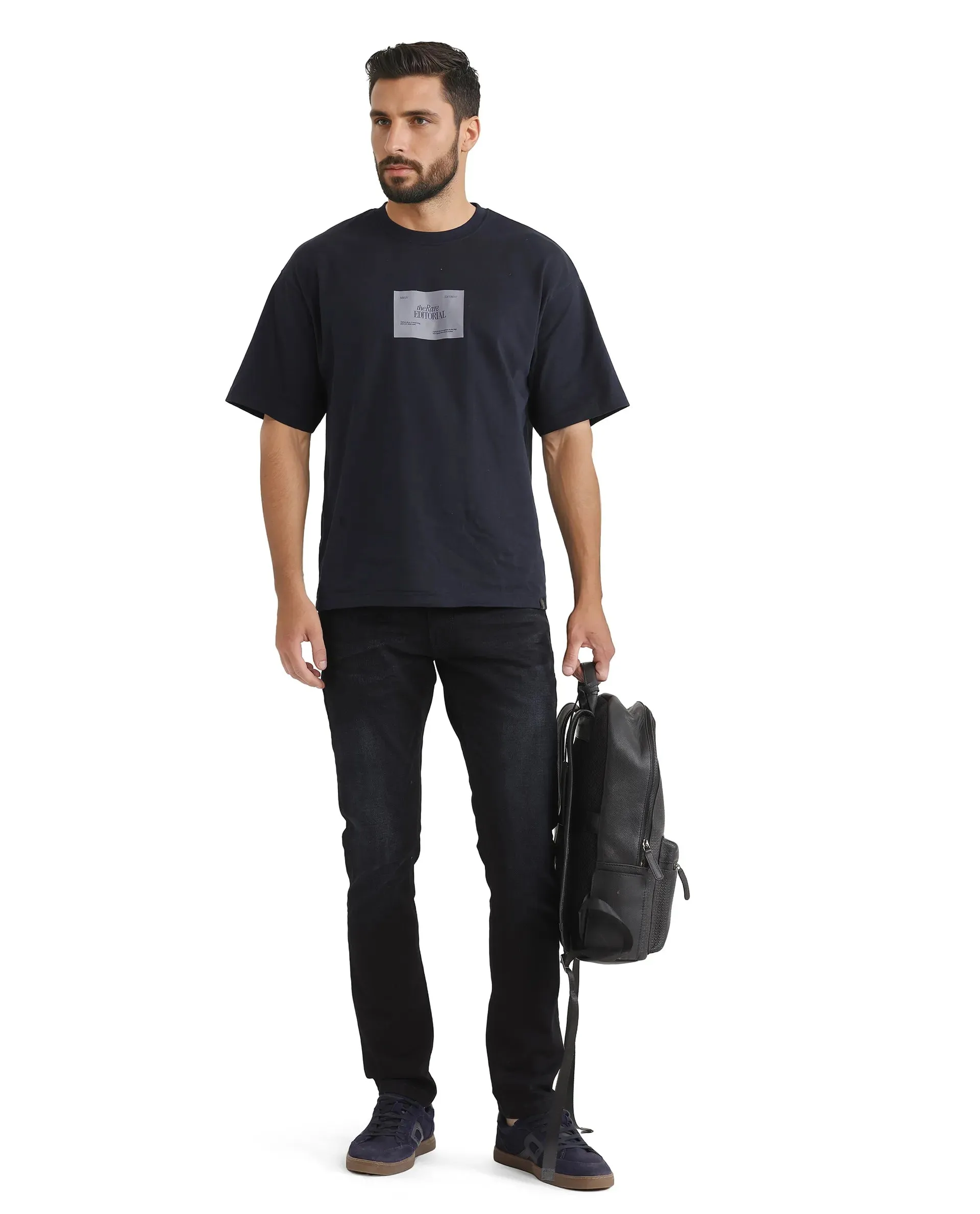 Rare Rabbit Men Victo Navy Cotton Polyester Fabric Mid Rise Slim Fit Dark Wash Plain Denim Trousers