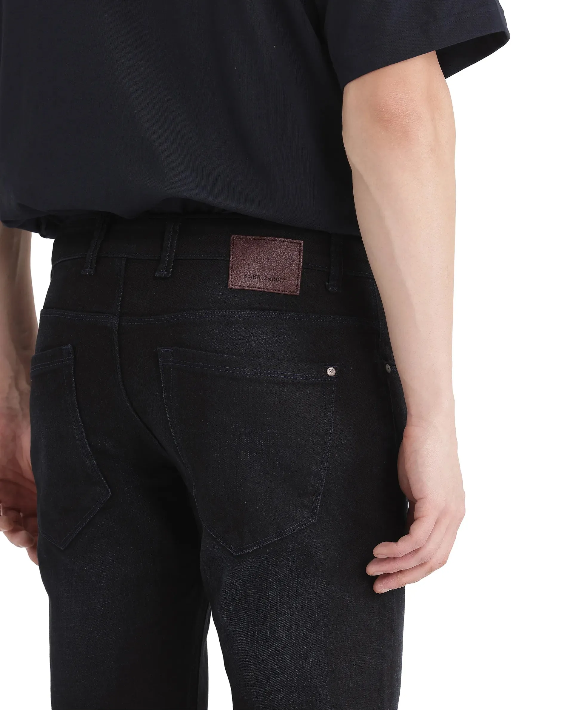 Rare Rabbit Men Victo Navy Cotton Polyester Fabric Mid Rise Slim Fit Dark Wash Plain Denim Trousers