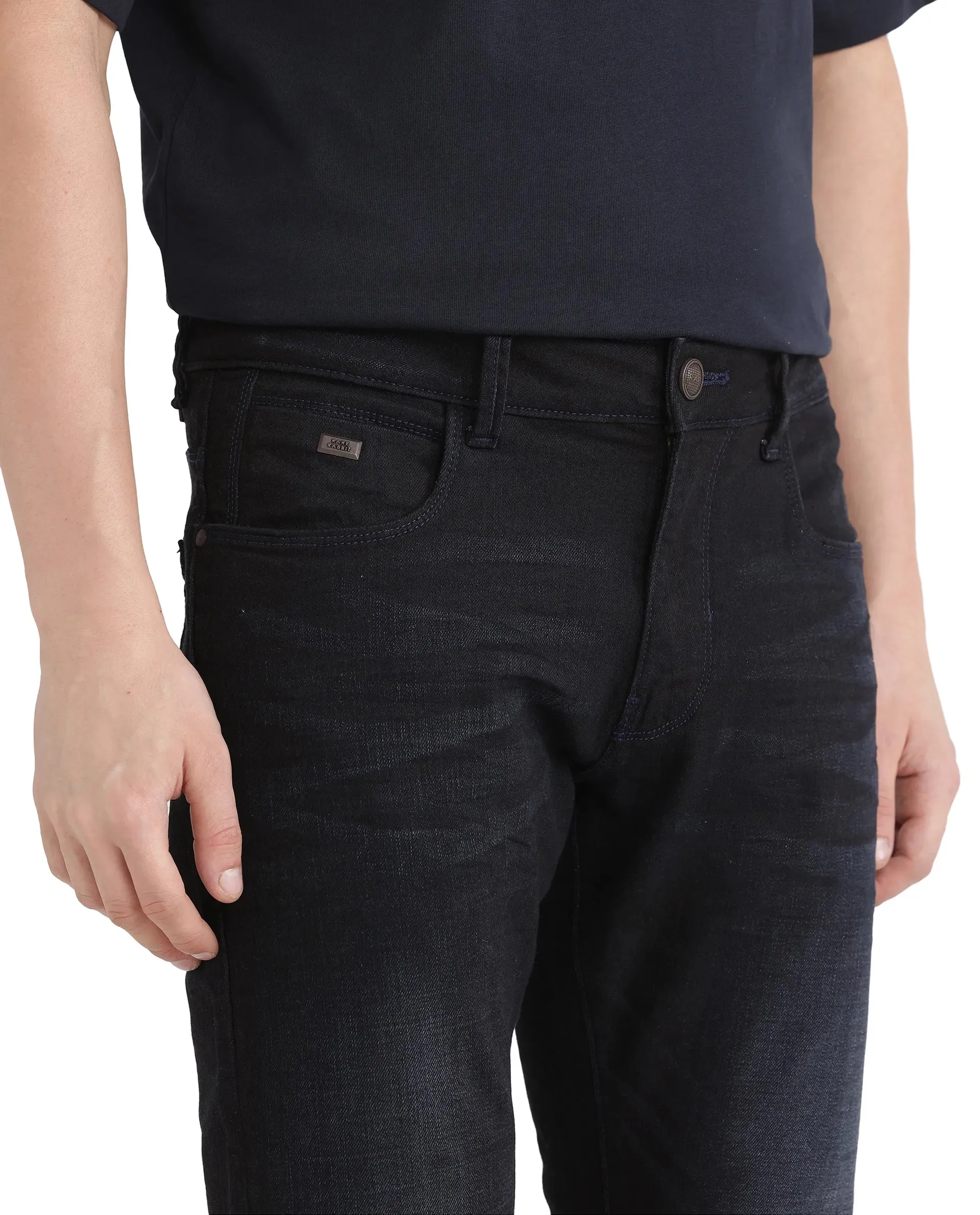 Rare Rabbit Men Victo Navy Cotton Polyester Fabric Mid Rise Slim Fit Dark Wash Plain Denim Trousers