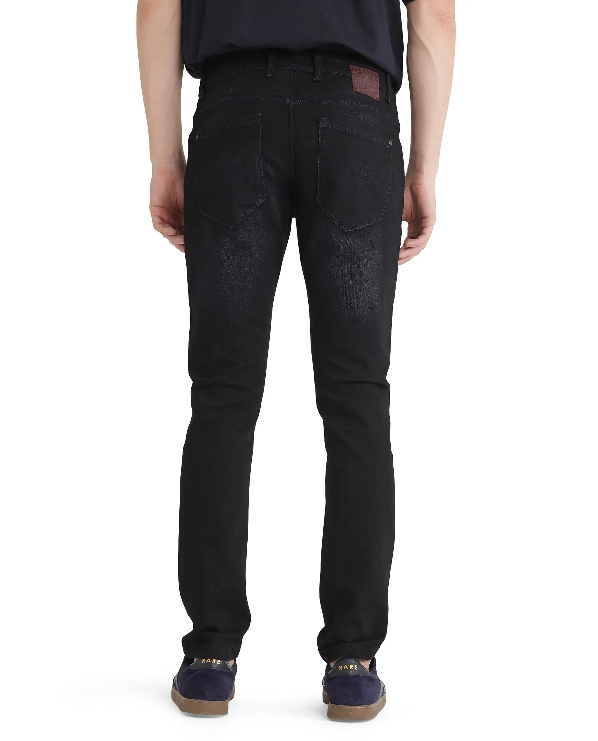 Rare Rabbit Men Victo Navy Cotton Polyester Fabric Mid Rise Slim Fit Dark Wash Plain Denim Trousers