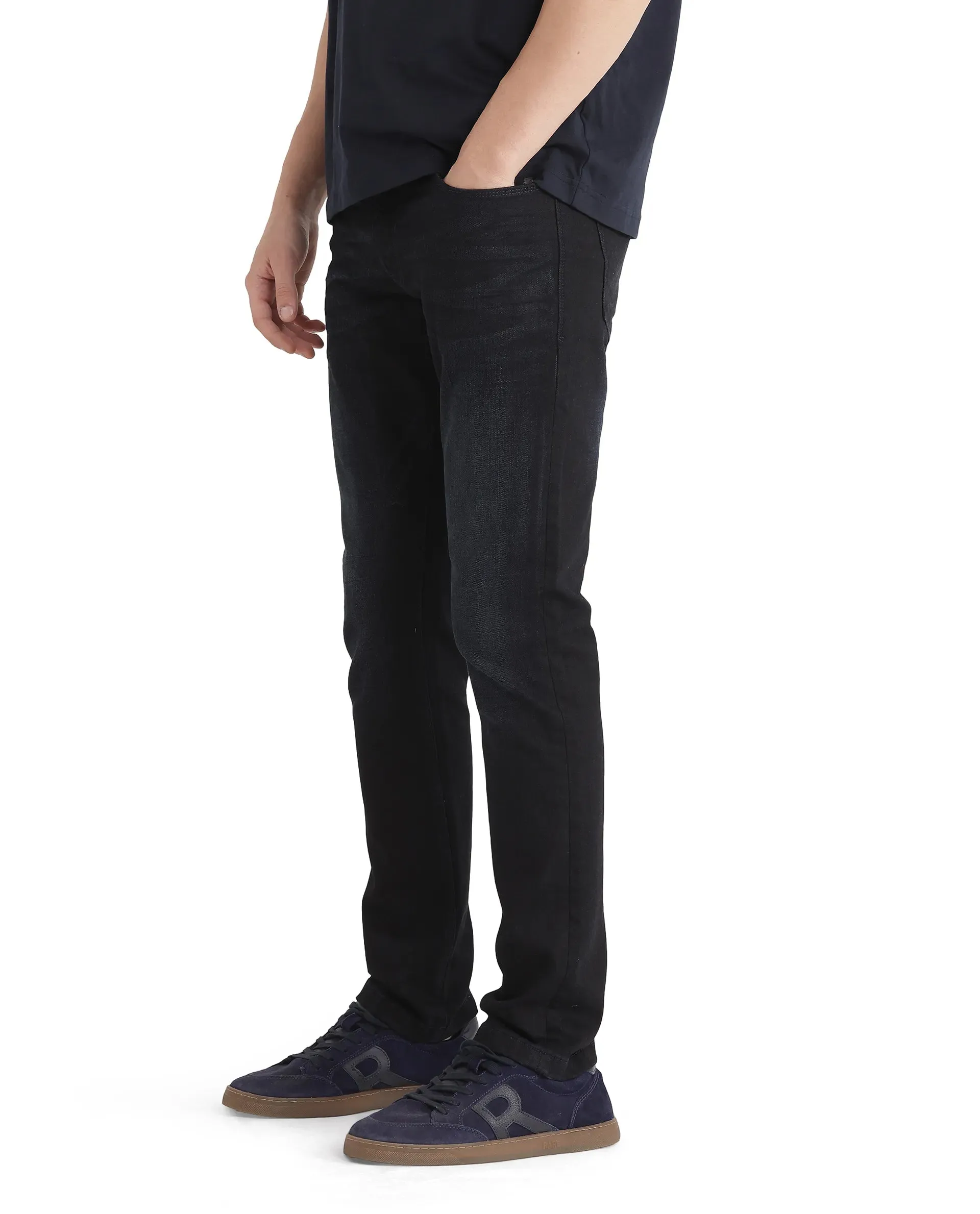 Rare Rabbit Men Victo Navy Cotton Polyester Fabric Mid Rise Slim Fit Dark Wash Plain Denim Trousers