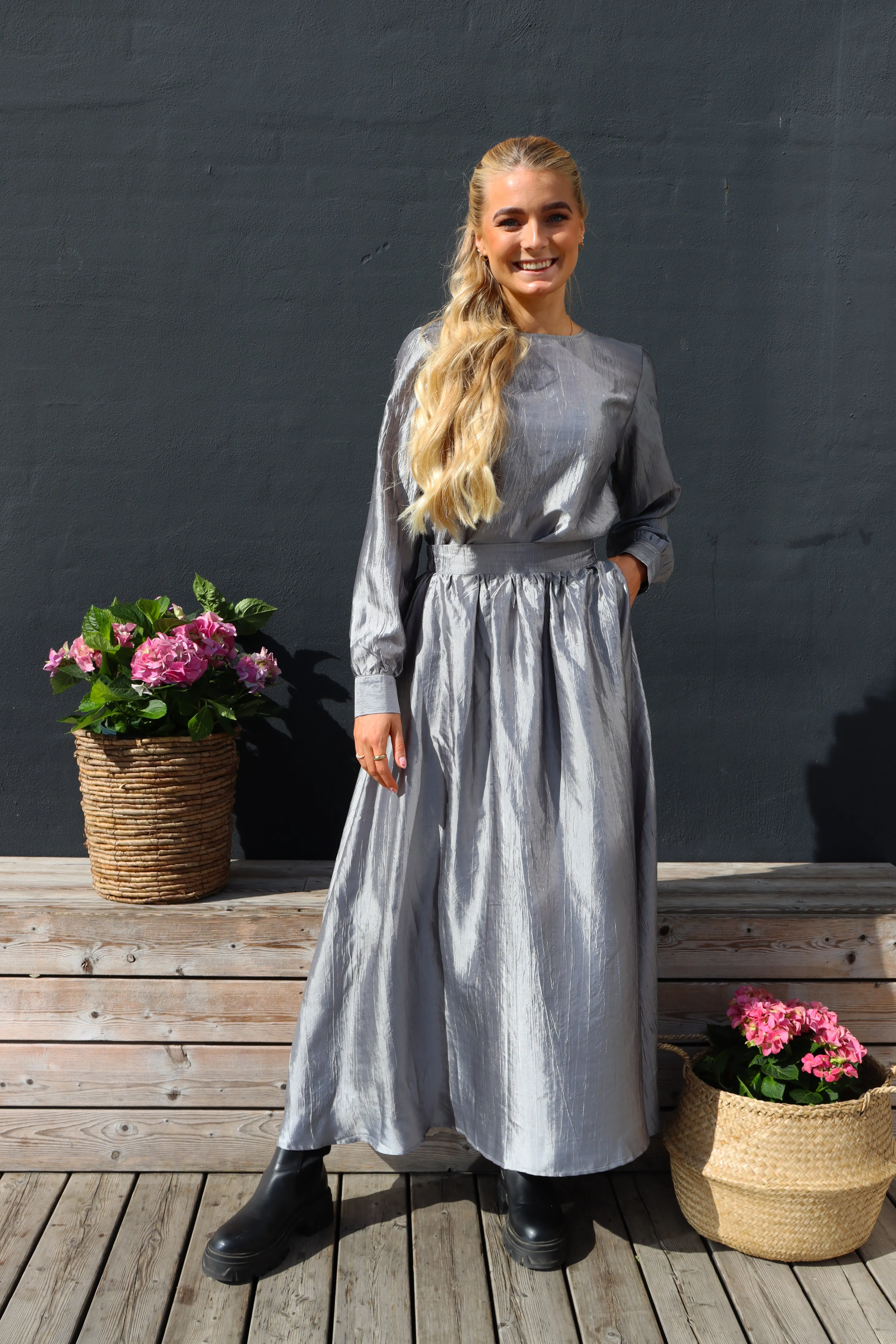 SILVIA LS TIE BLOUSE - SILVER GREY