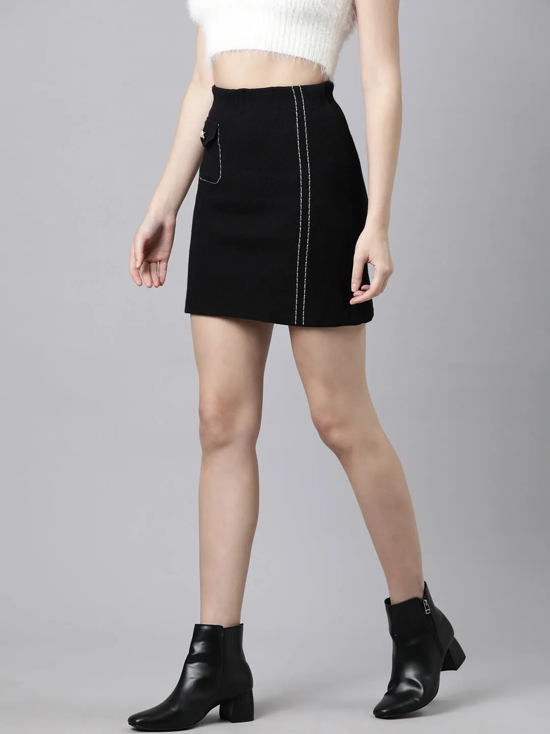 Women Black Self Design Pencil Mini Skirts