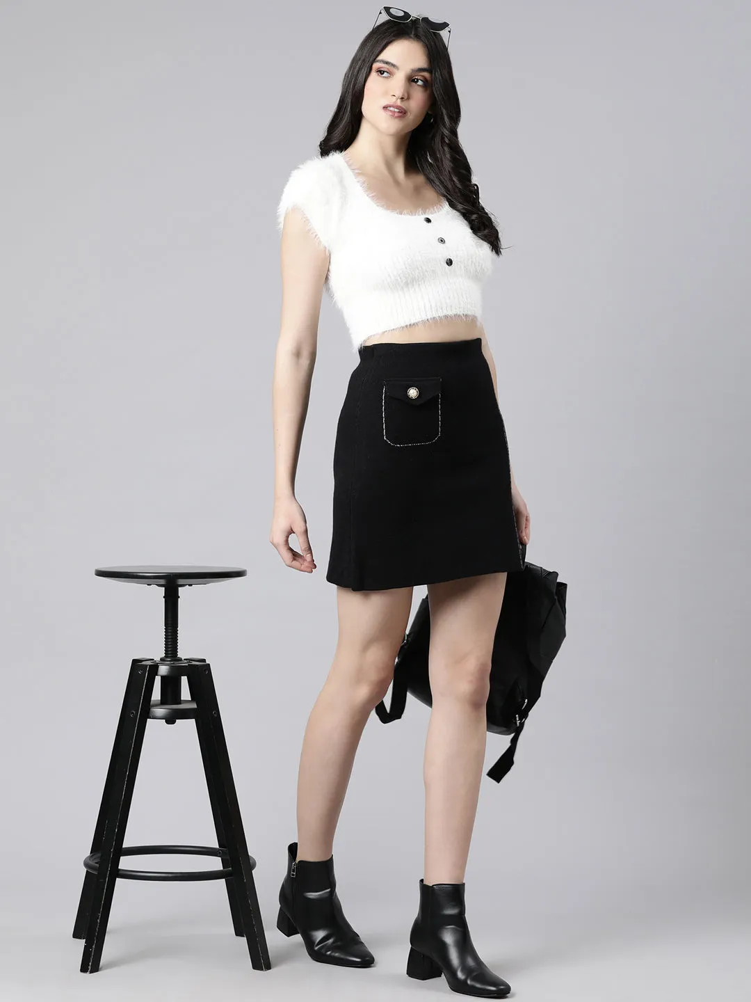 Women Black Self Design Pencil Mini Skirts