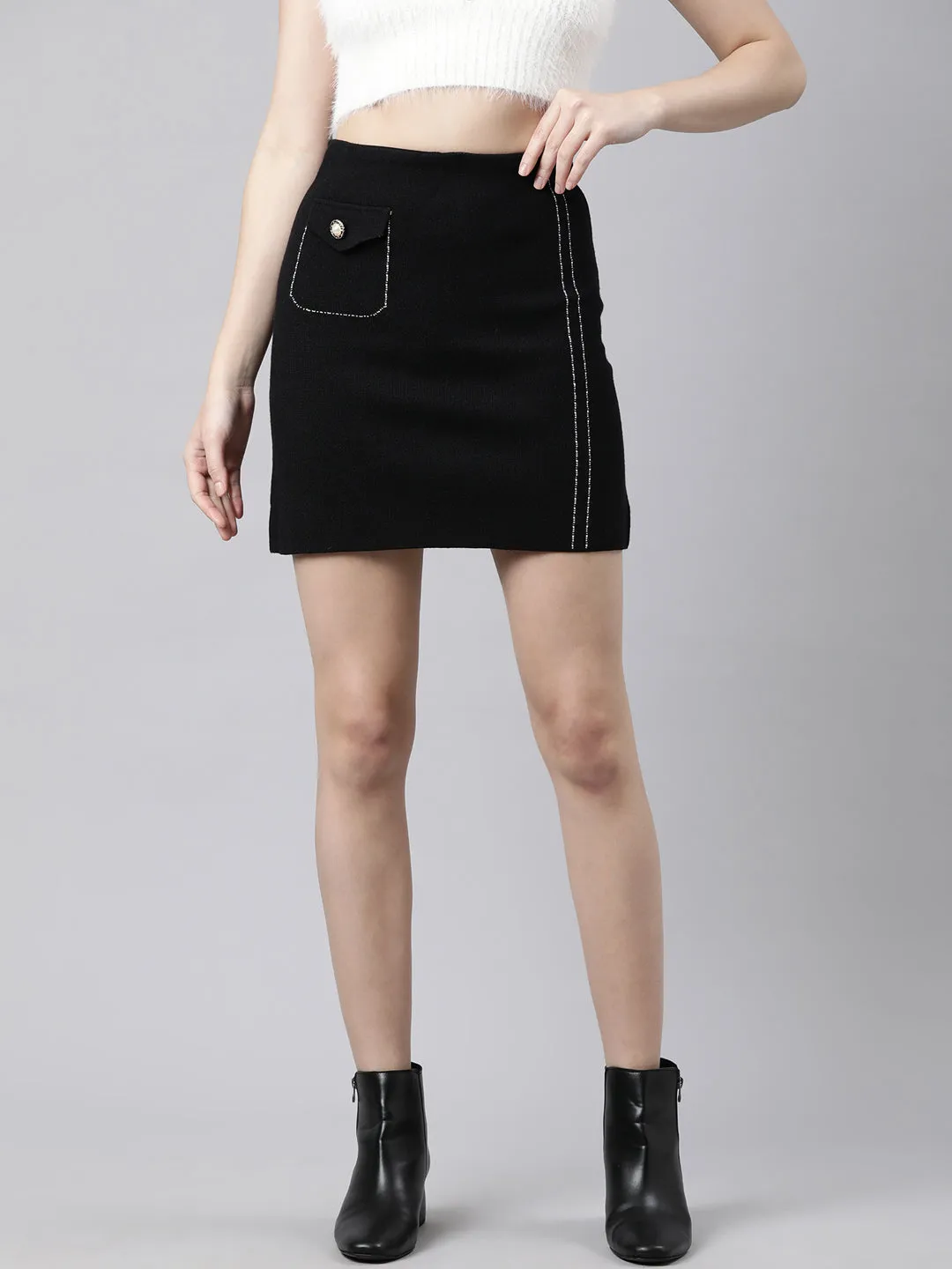 Women Black Self Design Pencil Mini Skirts