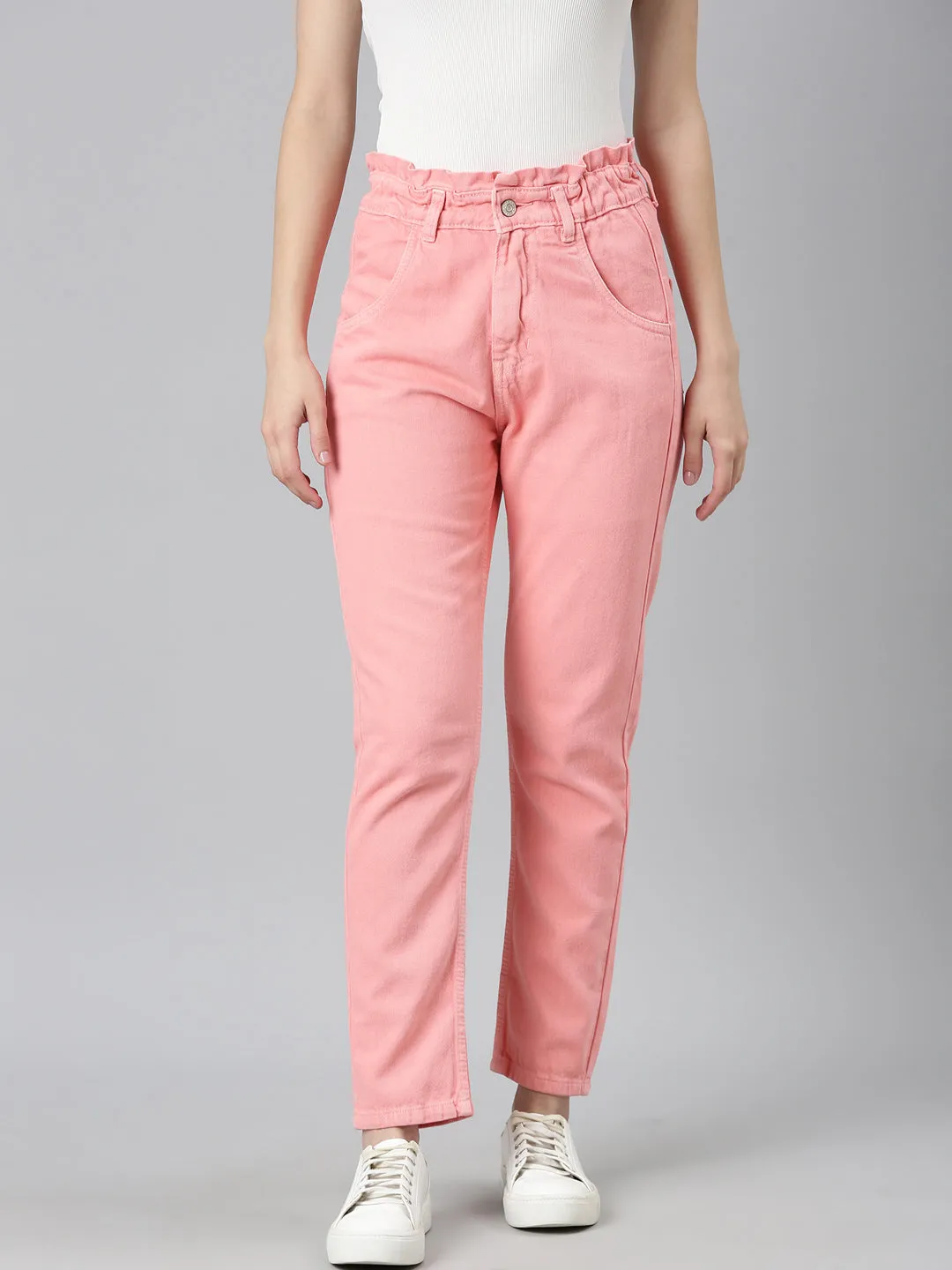 Women Coral Solid Regular Fit Denim Jeans
