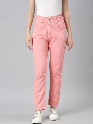Women Coral Solid Regular Fit Denim Jeans