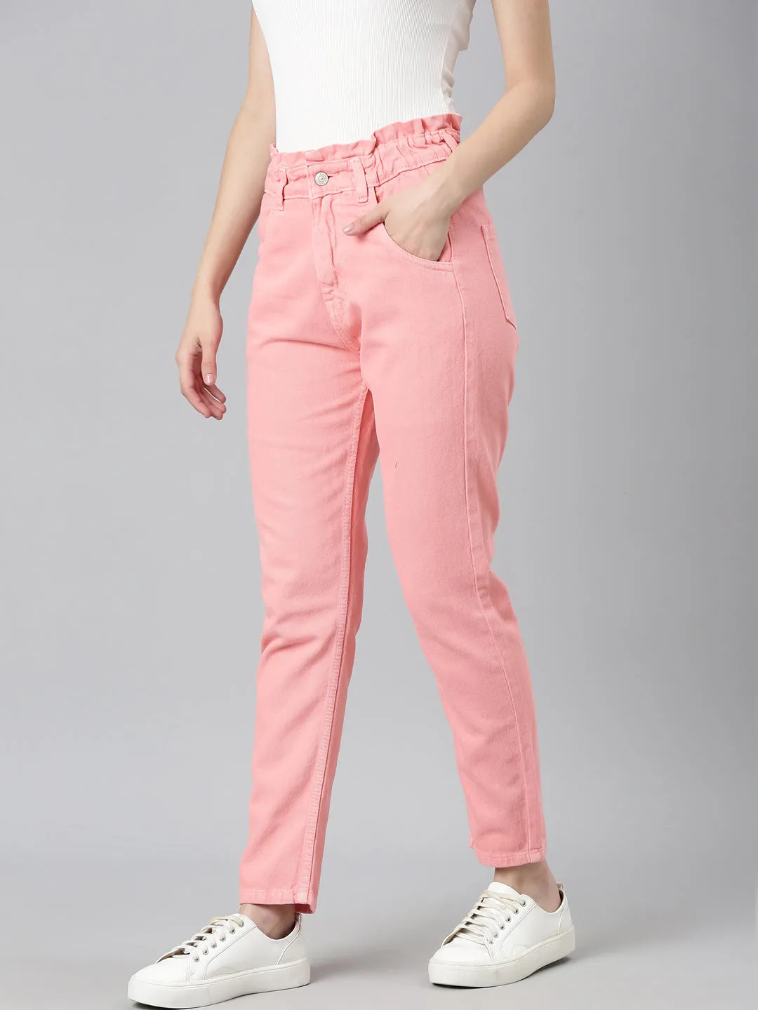 Women Coral Solid Regular Fit Denim Jeans