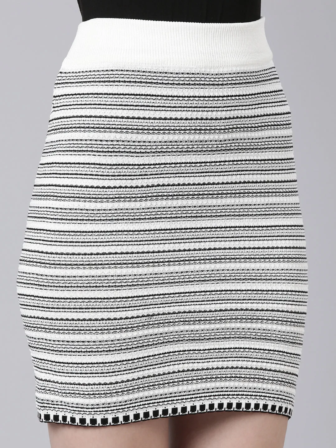 Women Off White Horizontal Striped Pencil Mini Skirt