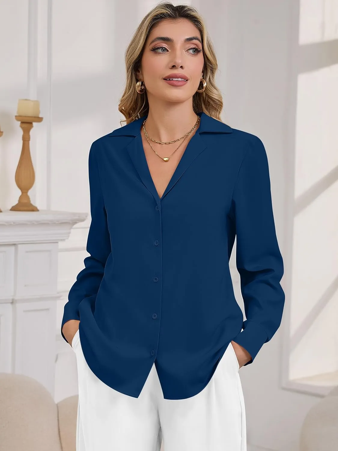 Women's Business Casual Tops Elegant Satin Silk Long Sleeve Button Down Shirts Lapel Collar V Neck Chiffon Work Blouses