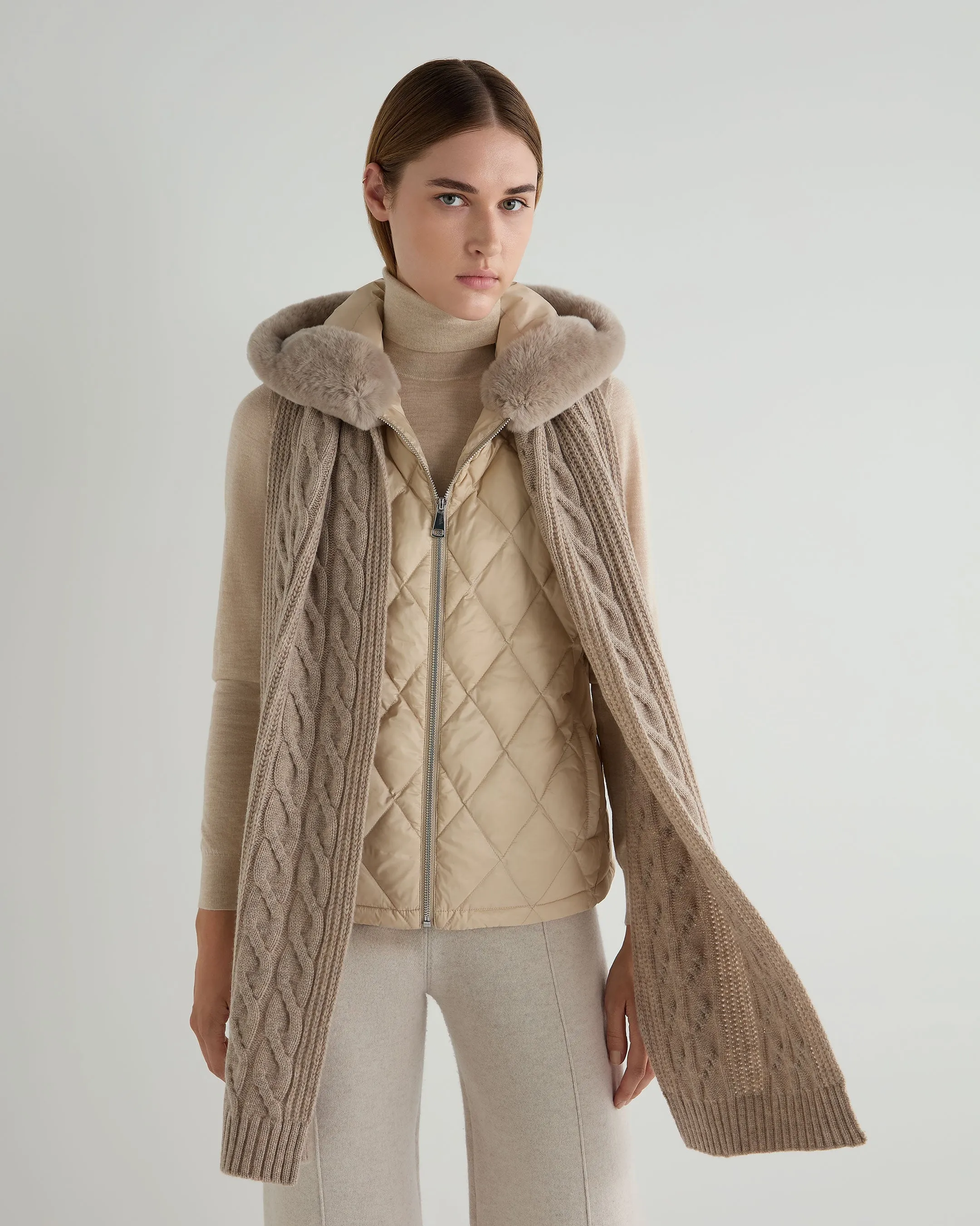 Women's Cable Rib Cashmere Scarf Oatmeal Brown