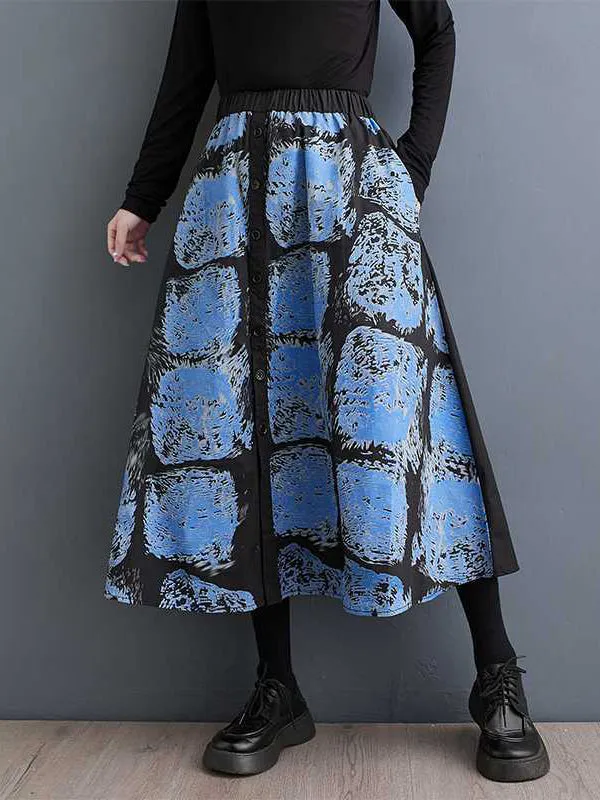 xakxx A-Line Loose Contrast Color Elasticity Printed Split-Joint Skirts