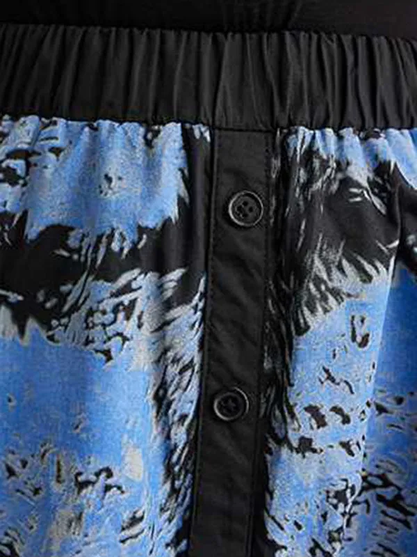 xakxx A-Line Loose Contrast Color Elasticity Printed Split-Joint Skirts