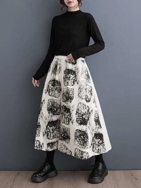 xakxx A-Line Loose Contrast Color Elasticity Printed Split-Joint Skirts