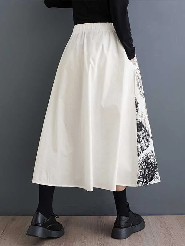 xakxx A-Line Loose Contrast Color Elasticity Printed Split-Joint Skirts