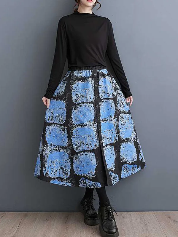 xakxx A-Line Loose Contrast Color Elasticity Printed Split-Joint Skirts