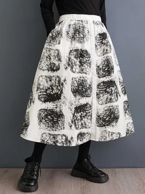 xakxx A-Line Loose Contrast Color Elasticity Printed Split-Joint Skirts