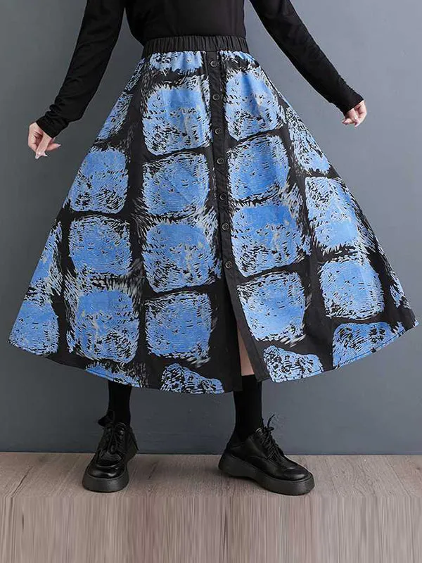 xakxx A-Line Loose Contrast Color Elasticity Printed Split-Joint Skirts