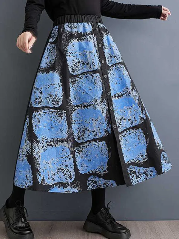 xakxx A-Line Loose Contrast Color Elasticity Printed Split-Joint Skirts