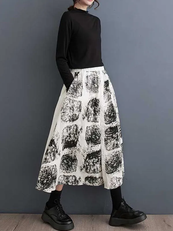 xakxx A-Line Loose Contrast Color Elasticity Printed Split-Joint Skirts