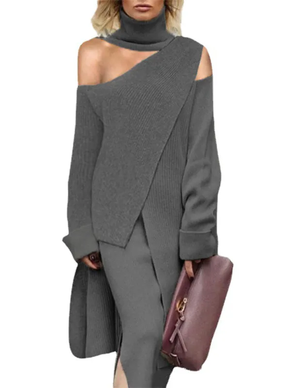 xakxx Irregularity Solid Color Split-Front Cold Shoulder Sweater Tops& Skirts Two Pieces Set