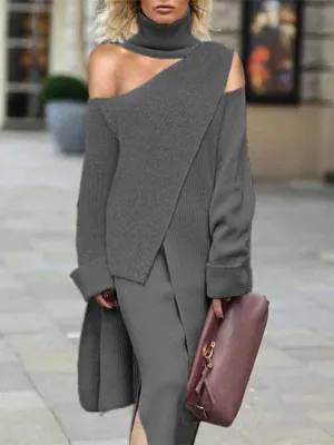 xakxx Irregularity Solid Color Split-Front Cold Shoulder Sweater Tops& Skirts Two Pieces Set
