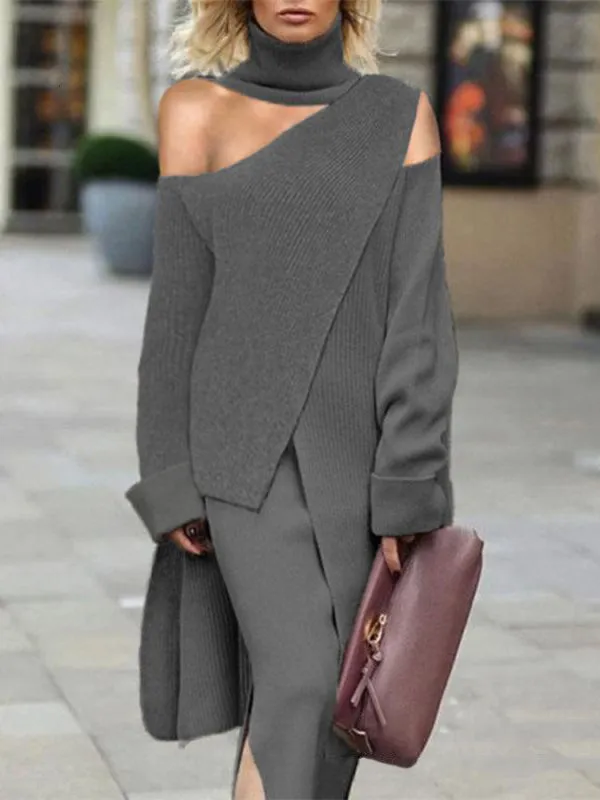 xakxx Irregularity Solid Color Split-Front Cold Shoulder Sweater Tops& Skirts Two Pieces Set