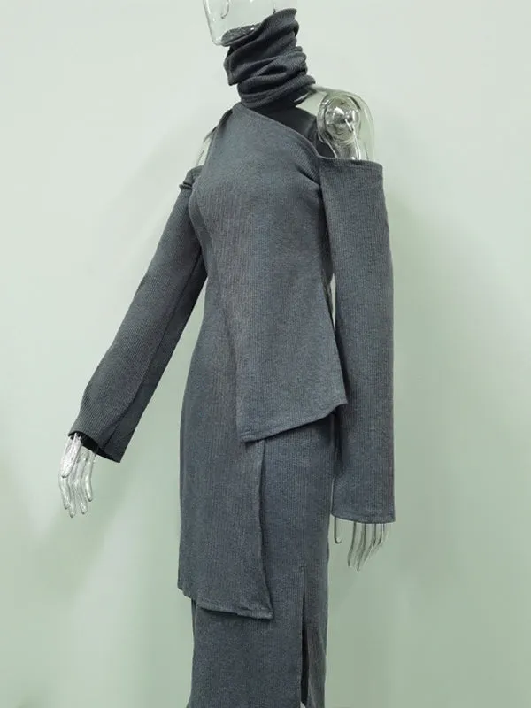 xakxx Irregularity Solid Color Split-Front Cold Shoulder Sweater Tops& Skirts Two Pieces Set