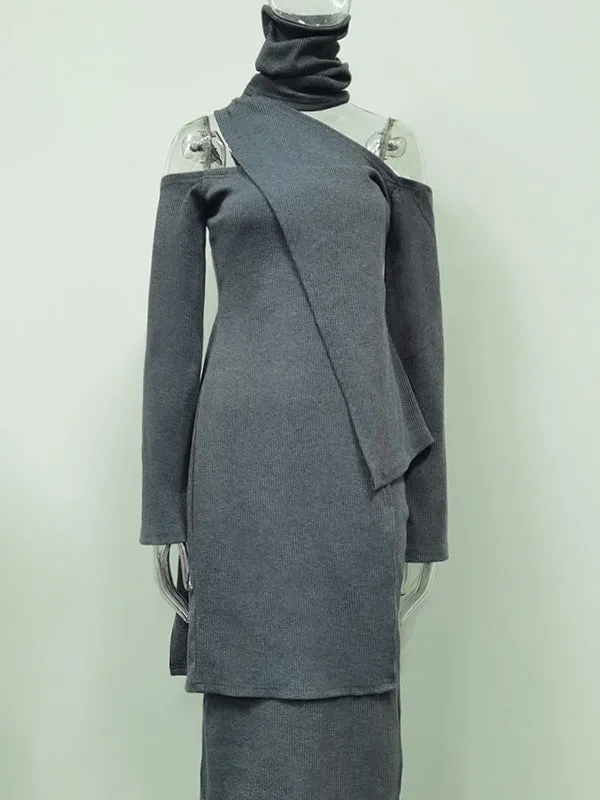 xakxx Irregularity Solid Color Split-Front Cold Shoulder Sweater Tops& Skirts Two Pieces Set