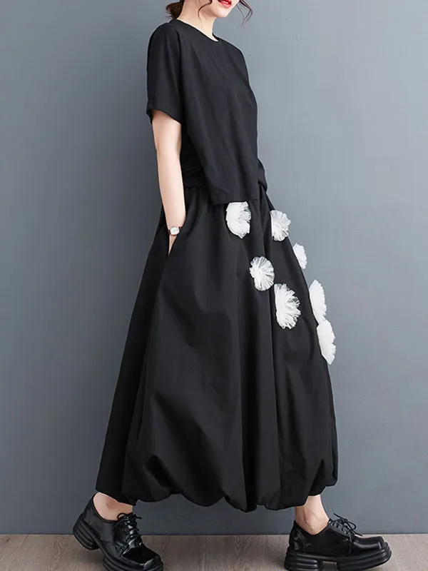 xakxx Loose Flower-Embellished Elastics Solid Color Skirts Bottoms