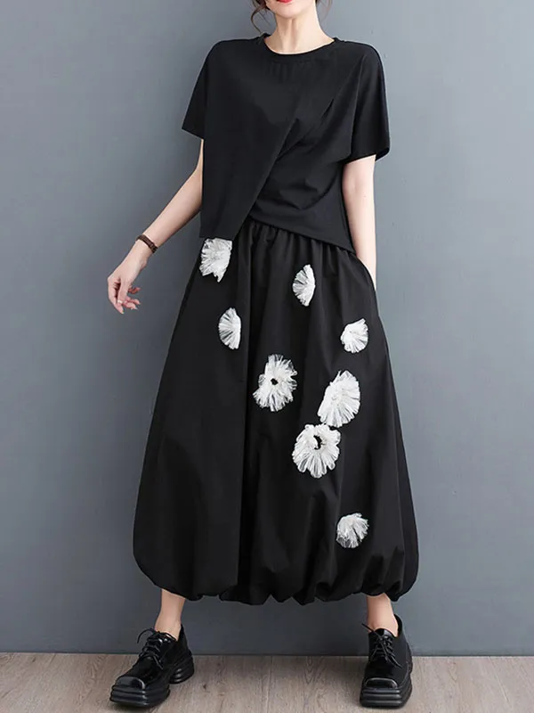 xakxx Loose Flower-Embellished Elastics Solid Color Skirts Bottoms