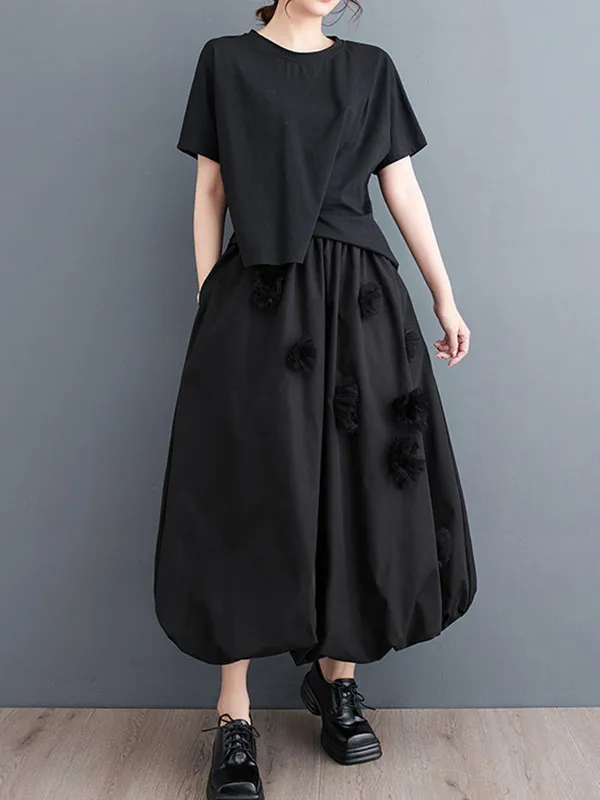 xakxx Loose Flower-Embellished Elastics Solid Color Skirts Bottoms
