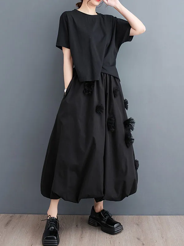 xakxx Loose Flower-Embellished Elastics Solid Color Skirts Bottoms