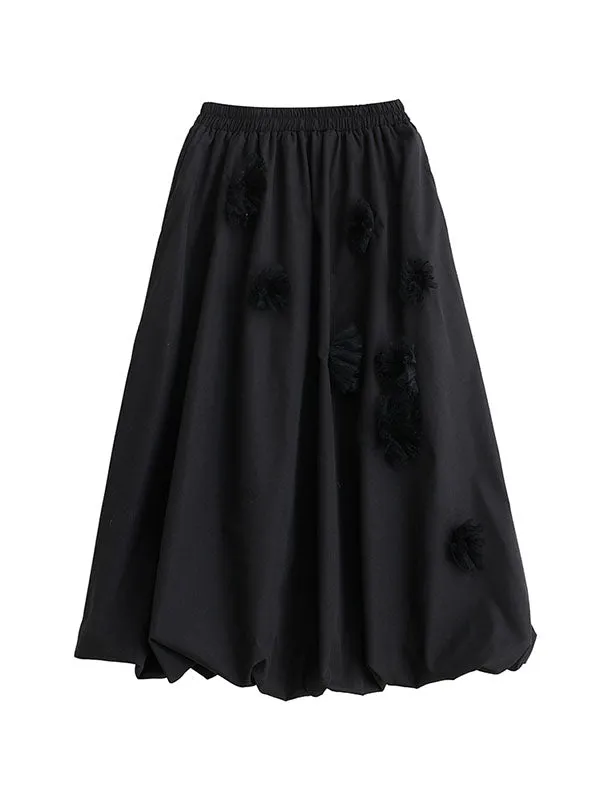 xakxx Loose Flower-Embellished Elastics Solid Color Skirts Bottoms