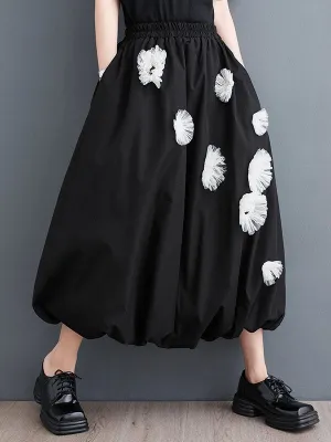 xakxx Loose Flower-Embellished Elastics Solid Color Skirts Bottoms