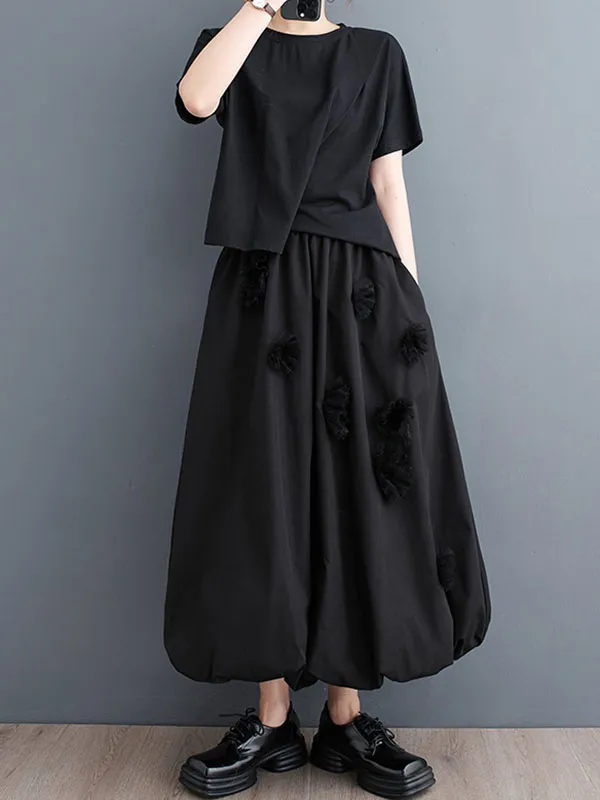 xakxx Loose Flower-Embellished Elastics Solid Color Skirts Bottoms