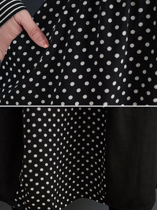 xakxx Loose Oversize Striped Polka-Dot Split-Joint Blouse Top A-Line Skirt Bottom Two Pieces Set