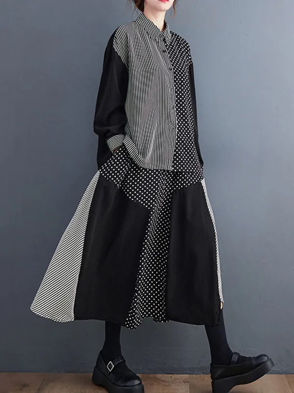 xakxx Loose Oversize Striped Polka-Dot Split-Joint Blouse Top A-Line Skirt Bottom Two Pieces Set