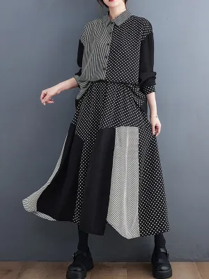 xakxx Loose Oversize Striped Polka-Dot Split-Joint Blouse Top A-Line Skirt Bottom Two Pieces Set