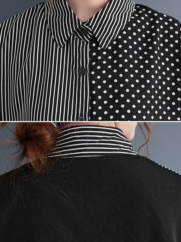 xakxx Loose Oversize Striped Polka-Dot Split-Joint Blouse Top A-Line Skirt Bottom Two Pieces Set