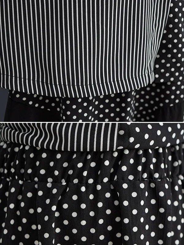 xakxx Loose Oversize Striped Polka-Dot Split-Joint Blouse Top A-Line Skirt Bottom Two Pieces Set