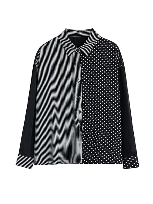 xakxx Loose Oversize Striped Polka-Dot Split-Joint Blouse Top A-Line Skirt Bottom Two Pieces Set