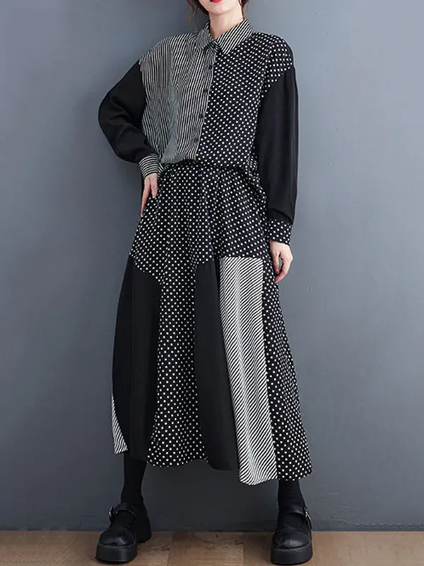 xakxx Loose Oversize Striped Polka-Dot Split-Joint Blouse Top A-Line Skirt Bottom Two Pieces Set