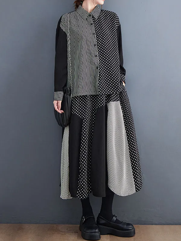 xakxx Loose Oversize Striped Polka-Dot Split-Joint Blouse Top A-Line Skirt Bottom Two Pieces Set