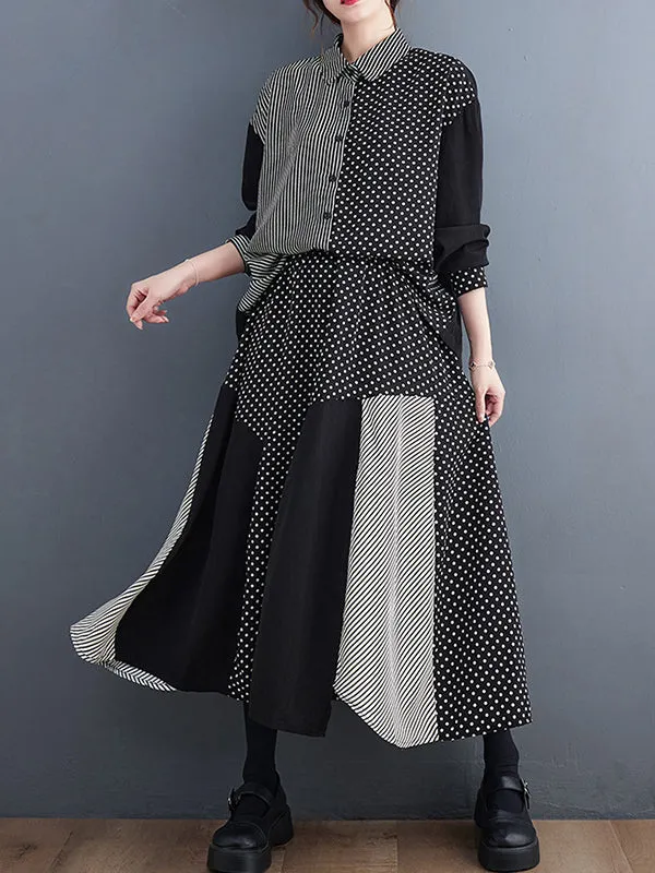 xakxx Loose Oversize Striped Polka-Dot Split-Joint Blouse Top A-Line Skirt Bottom Two Pieces Set