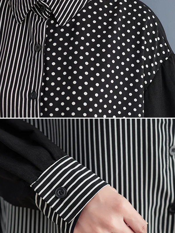 xakxx Loose Oversize Striped Polka-Dot Split-Joint Blouse Top A-Line Skirt Bottom Two Pieces Set