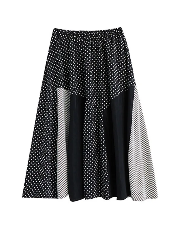 xakxx Loose Oversize Striped Polka-Dot Split-Joint Blouse Top A-Line Skirt Bottom Two Pieces Set