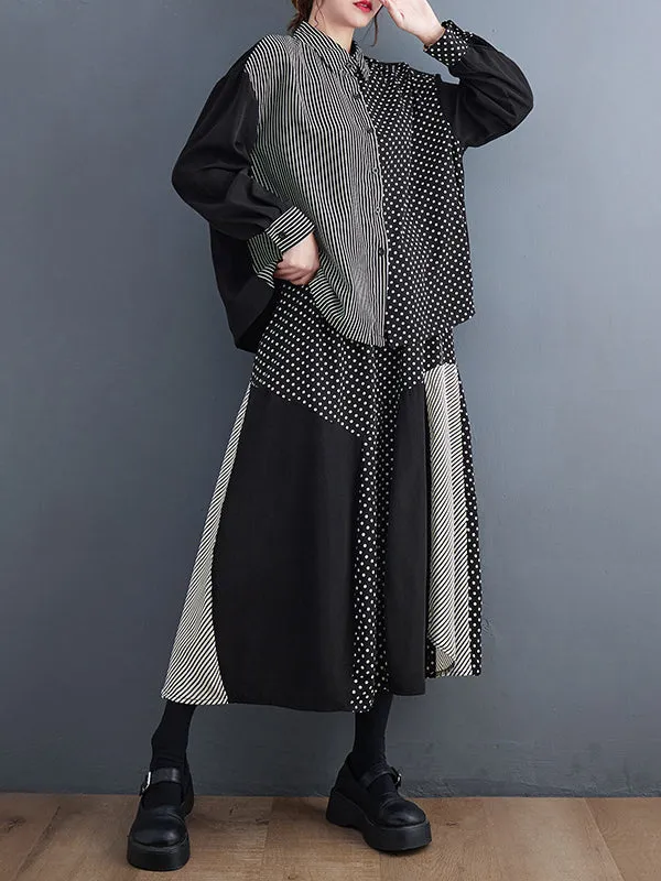 xakxx Loose Oversize Striped Polka-Dot Split-Joint Blouse Top A-Line Skirt Bottom Two Pieces Set
